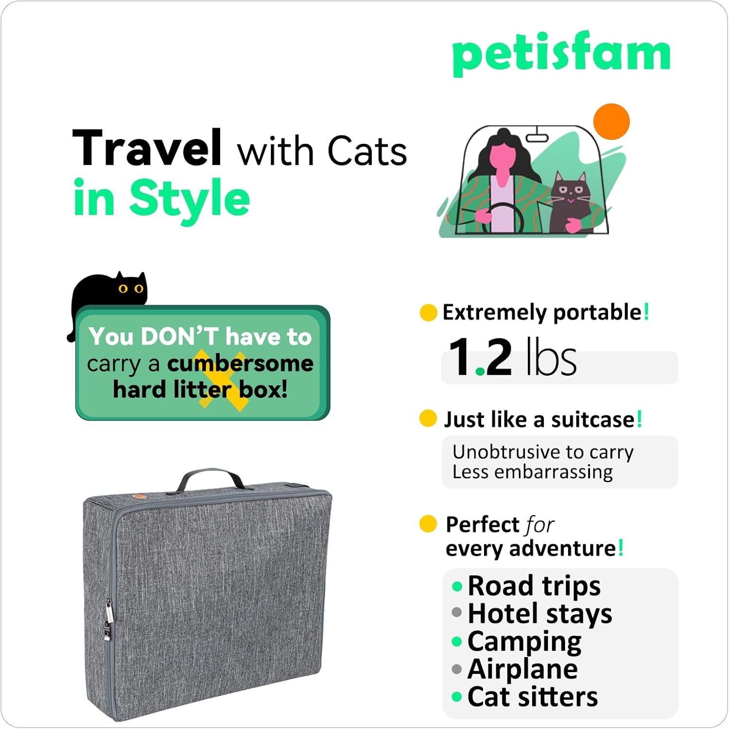 Portable Cat Travel Litter Box - Leak-Proof, Odor-Free, and Mess-Free Design for Convenient One-Handed Carrying During Road Trips, Hotel Stays, and Air Travel