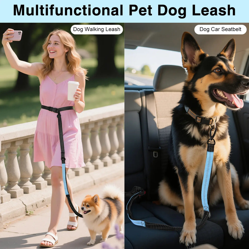 Pawaboo Hands-Free Dog Leash and Car Seatbelt - Shock-Absorbing Bungee Crossbody Design for Walking and Travel, Featuring Reflective Straps and 360° Lockable Safety Buckle