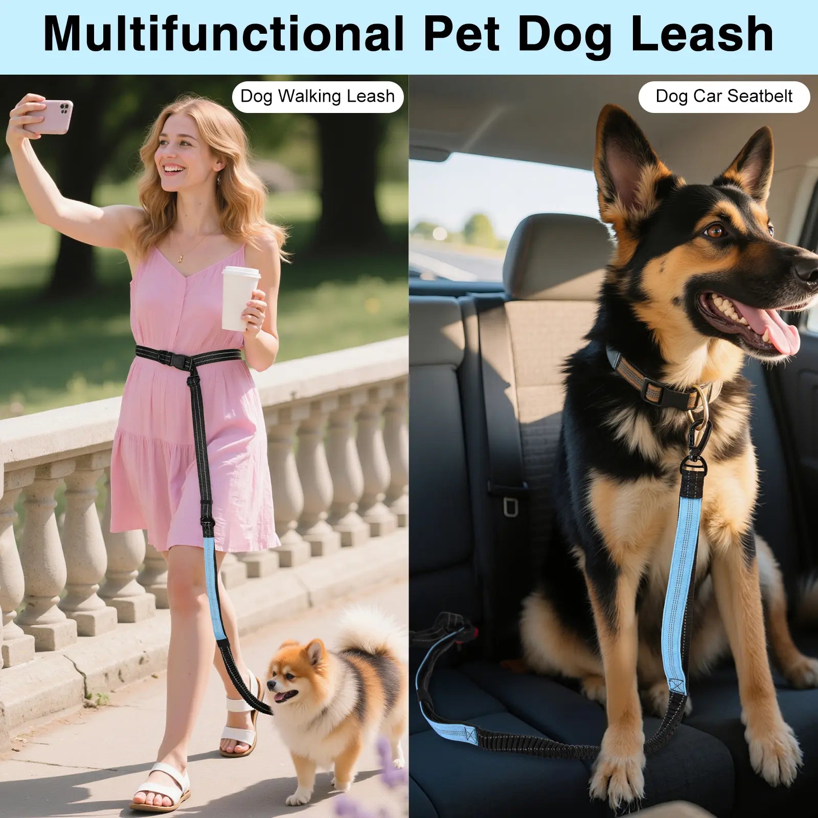 Pawaboo Hands-Free Dog Leash and Car Seatbelt - Shock-Absorbing Bungee Crossbody Design for Walking and Travel, Featuring Reflective Straps and 360° Lockable Safety Buckle