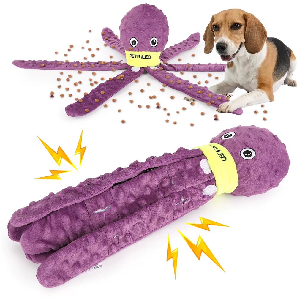 Purple and Blue Plush Octopus Dog Toy with Squeaker - Interactive Chew Toy for Medium Dogs, Ideal for Hiding Treats