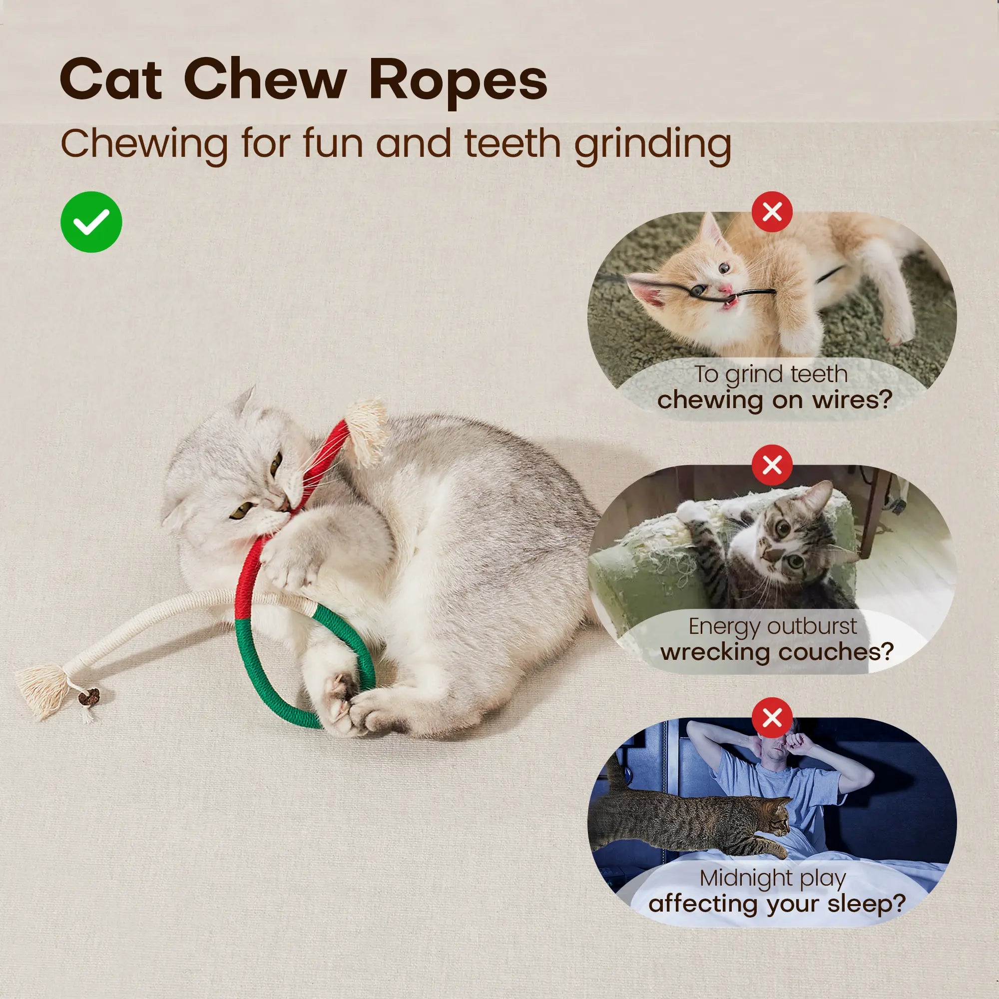 Potaroma 3-Piece Interactive Cat Chew Rope Toys for Safe Dental Care and Calming Play for Indoor Kittens