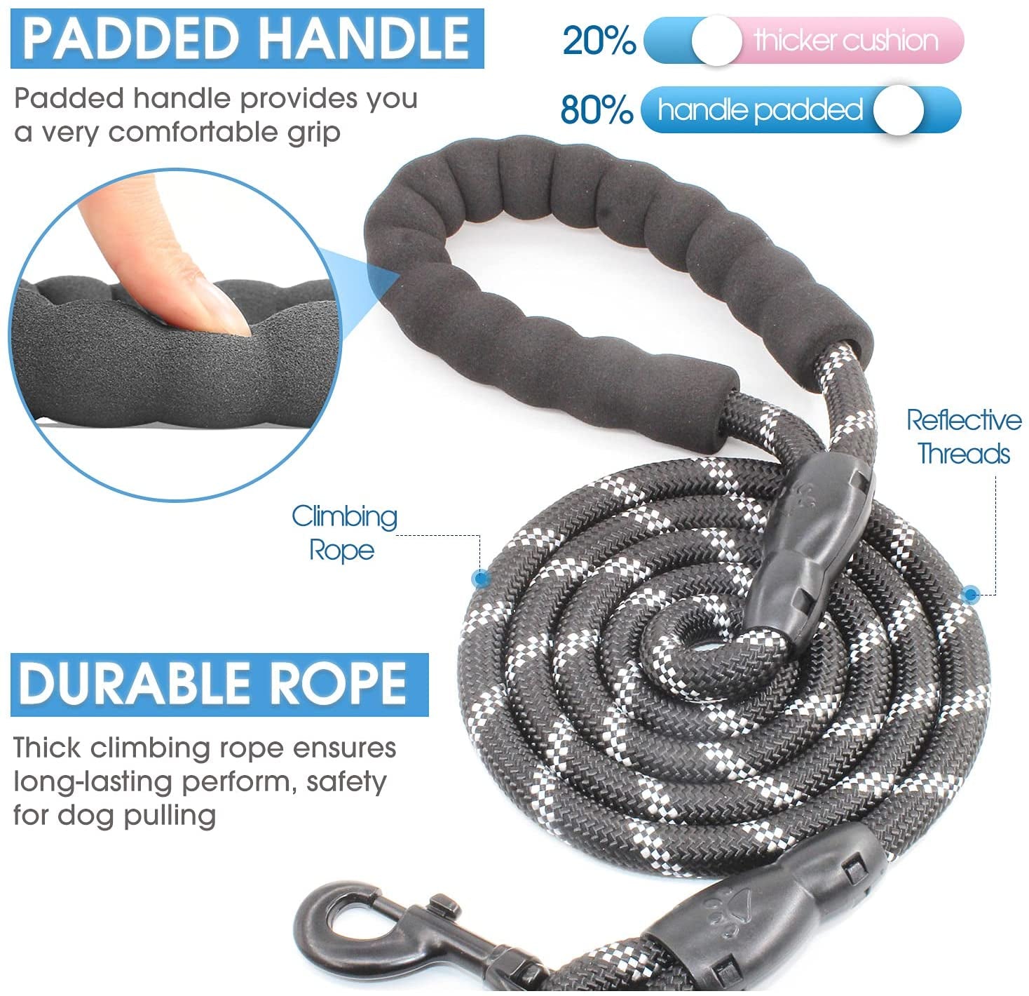 Dog Leash with Padded Handle and Reflective Threads, Available in 2/4/5/6 FT for Small, Medium, and Large Dogs (5FT-1/2'', Black)