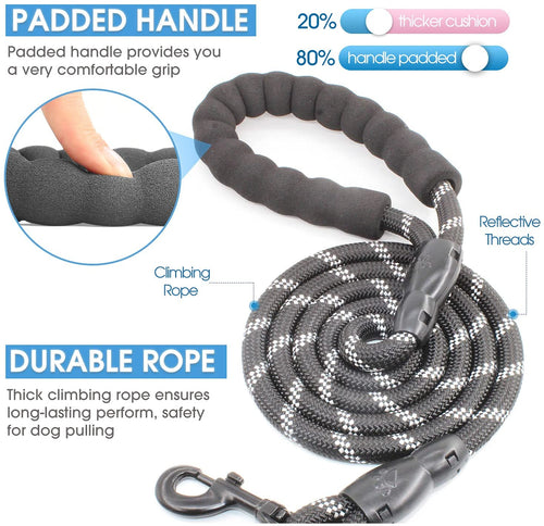 Dog Leash with Padded Handle and Reflective Threads, Available in 2/4/5/6 FT for Small, Medium, and Large Dogs (5FT-1/2'', Black)
