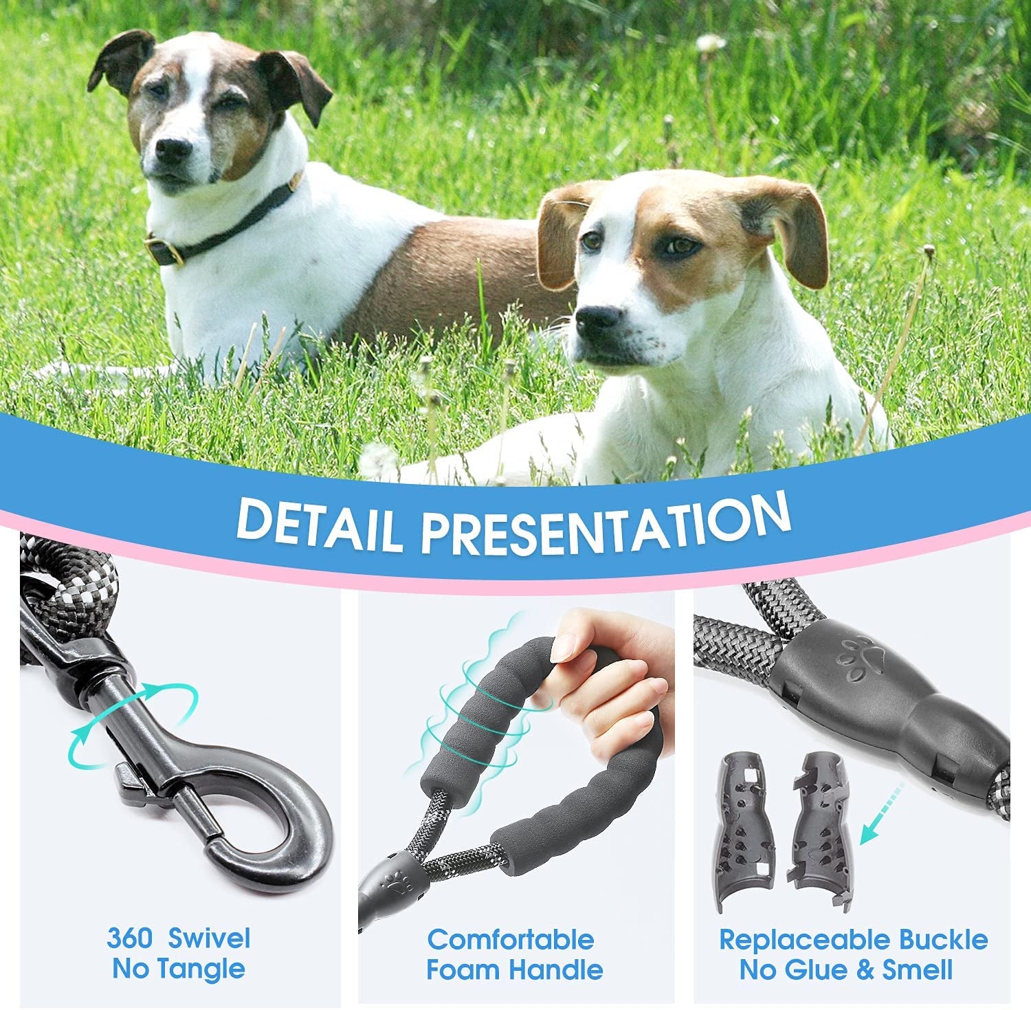 Dog Leash with Padded Handle and Reflective Threads, Available in 2/4/5/6 FT for Small, Medium, and Large Dogs (5FT-1/2'', Black)