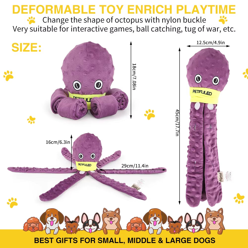 Purple and Blue Plush Octopus Dog Toy with Squeaker - Interactive Chew Toy for Medium Dogs, Ideal for Hiding Treats