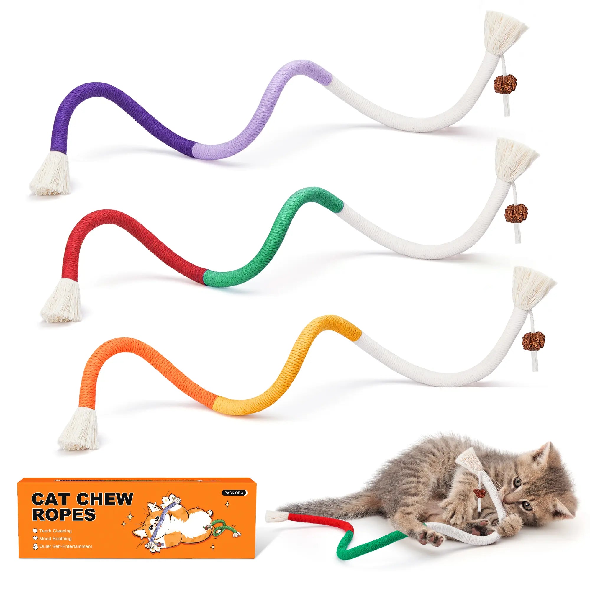 Potaroma 3-Piece Interactive Cat Chew Rope Toys for Safe Dental Care and Calming Play for Indoor Kittens