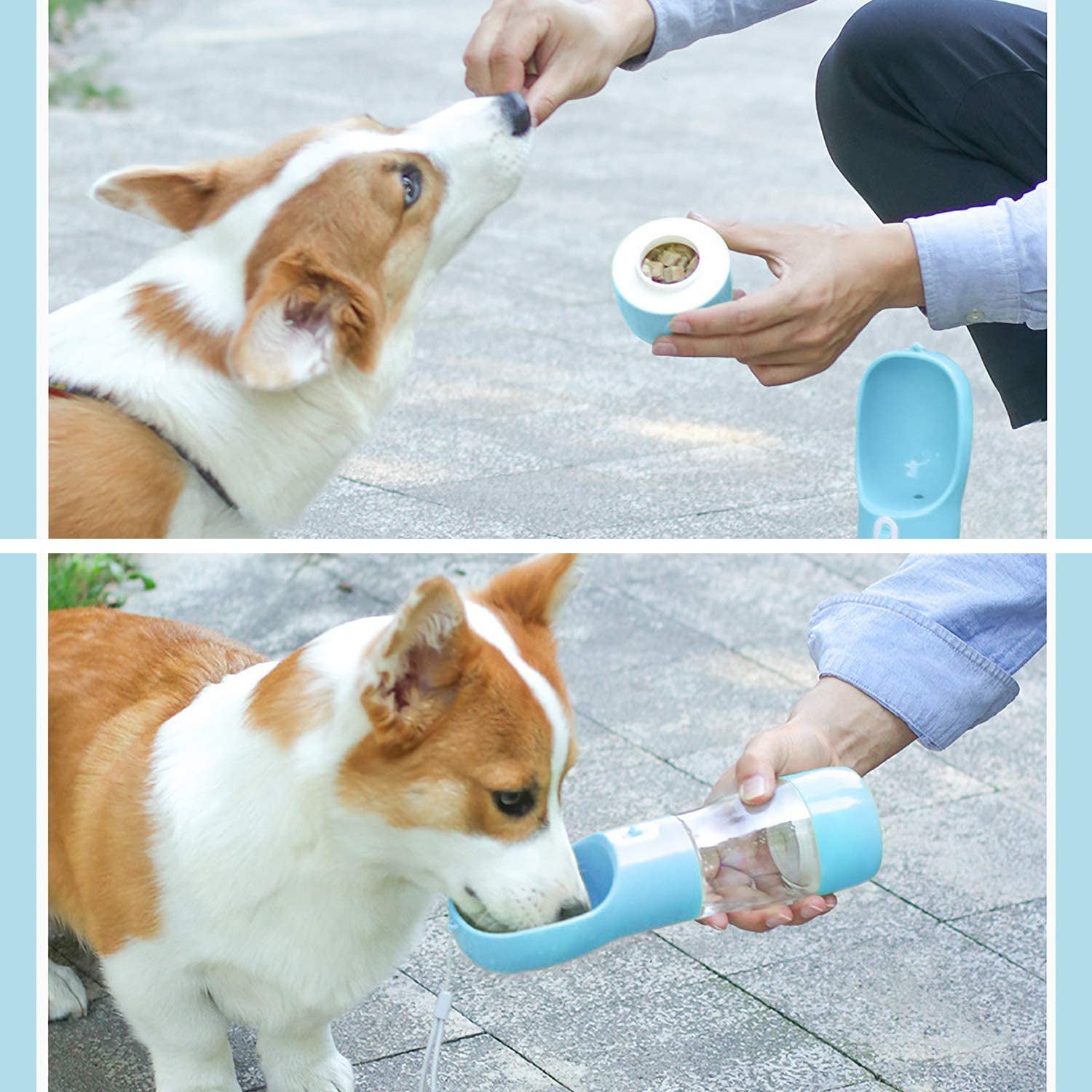 Portable Dog Water Bottle - Leak-Proof Dispenser with Bowl and Food Container, Dishwasher Safe, Food Grade Plastic for Outdoor Activities, Travel, and Hiking - Blue