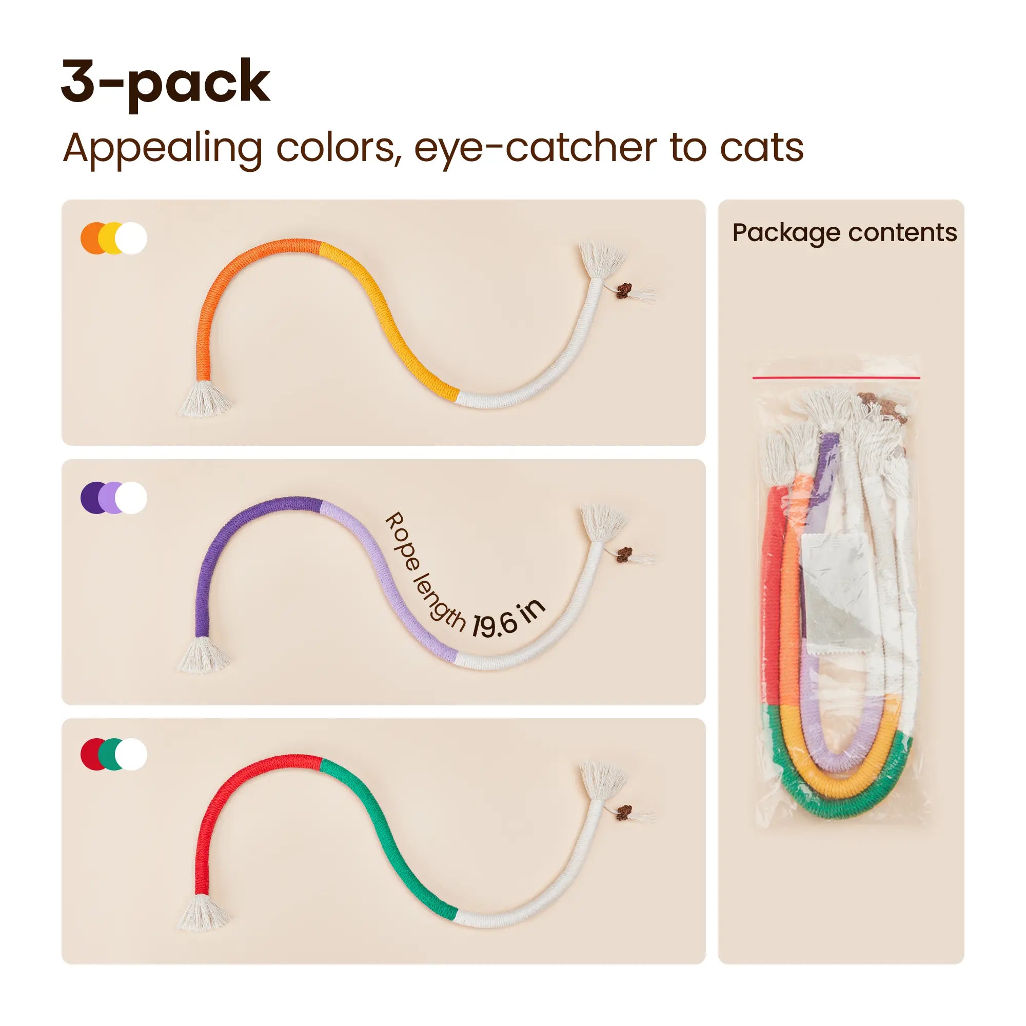 Potaroma 3-Piece Interactive Cat Chew Rope Toys for Safe Dental Care and Calming Play for Indoor Kittens